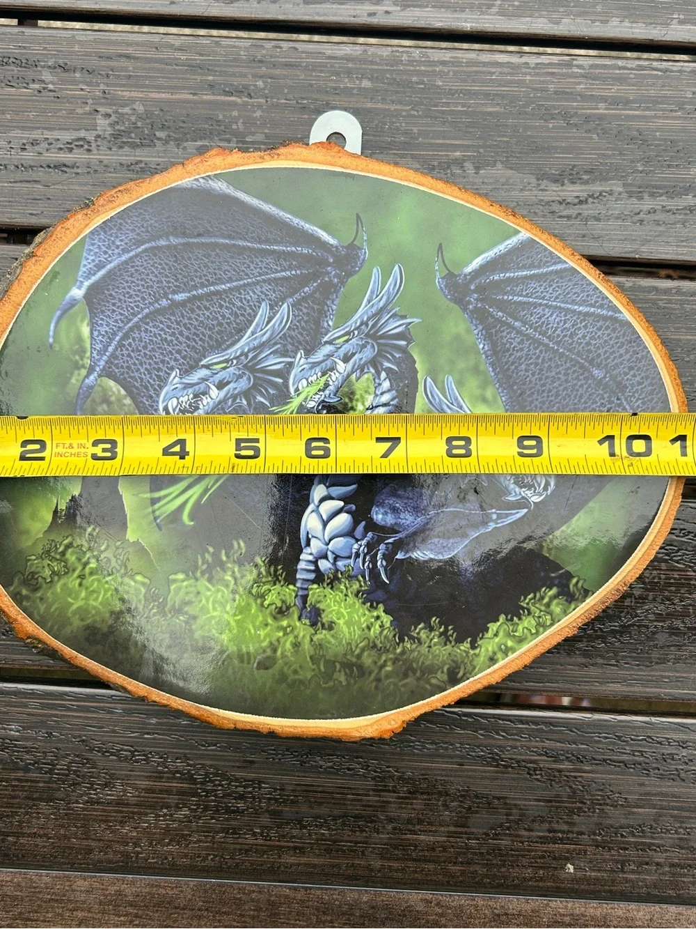Vintage Green Dragon Wall Art on Natural Wood Slice - Fantasy Home Decor